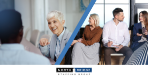 Two scenarios show a woman speaking to an applicant and a group of waiting applicants, illustrating internal hiring vs recruiting partners.