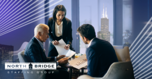 Three business leaders meet to discuss a scalable hiring strategy.