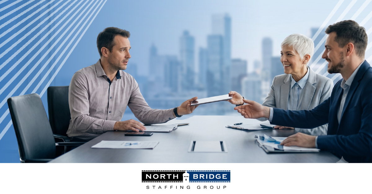 Three professionals pass a tablet around, one looking concerned, illustrating internal misalignment that can derail a hiring search.