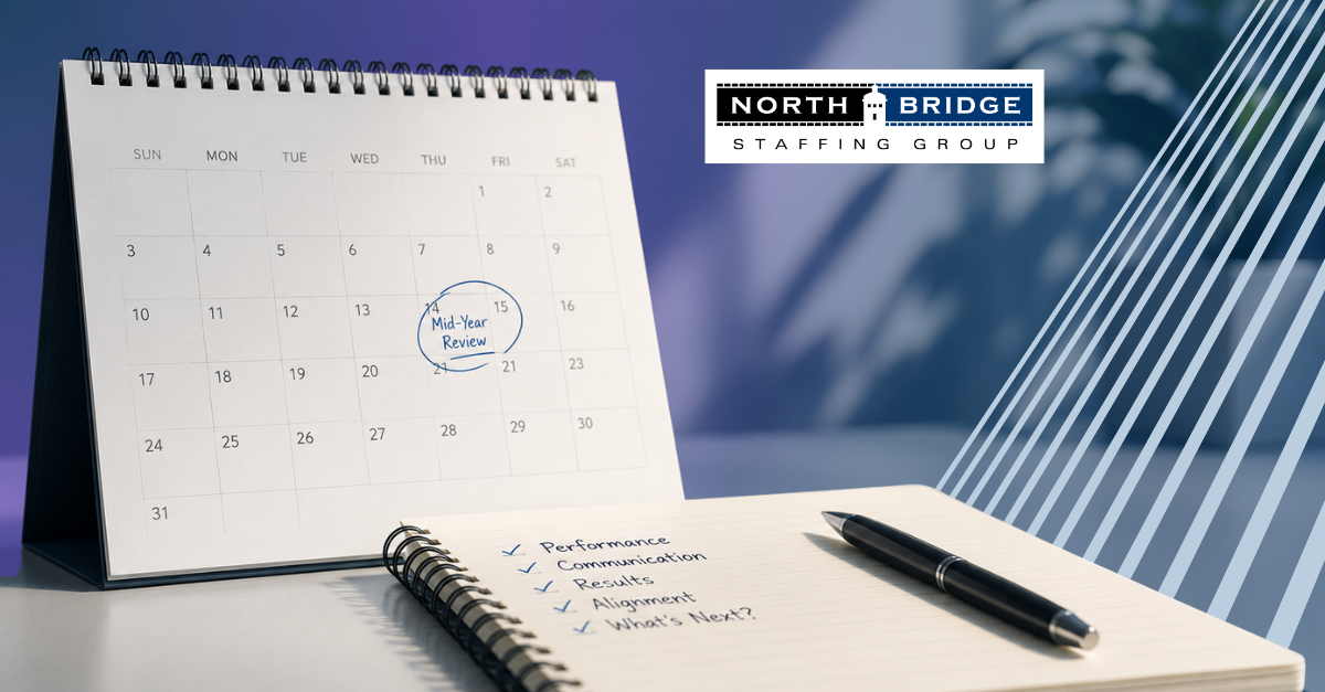 A calendar with Mid-Year Review circled and a notebook listing Performance, Communication, Results, Alignment, and What's Next.