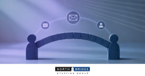 Two wooden figures connected by an arch bridge with communication icons representing messaging, email, and connection.