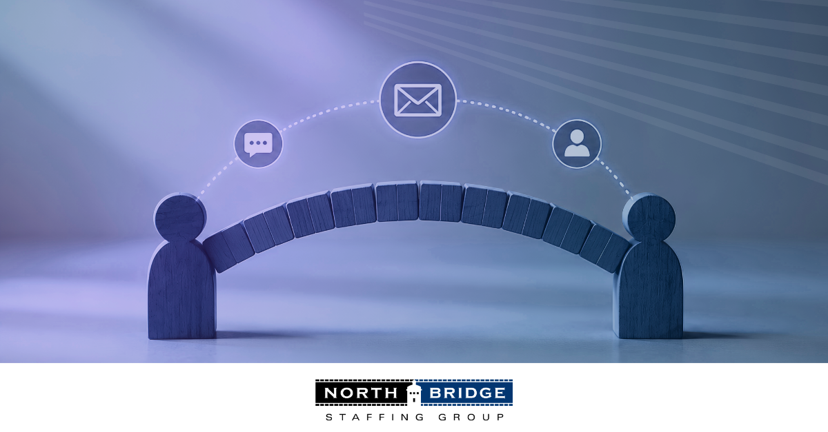 Two wooden figures connected by an arch bridge with communication icons representing messaging, email, and connection.