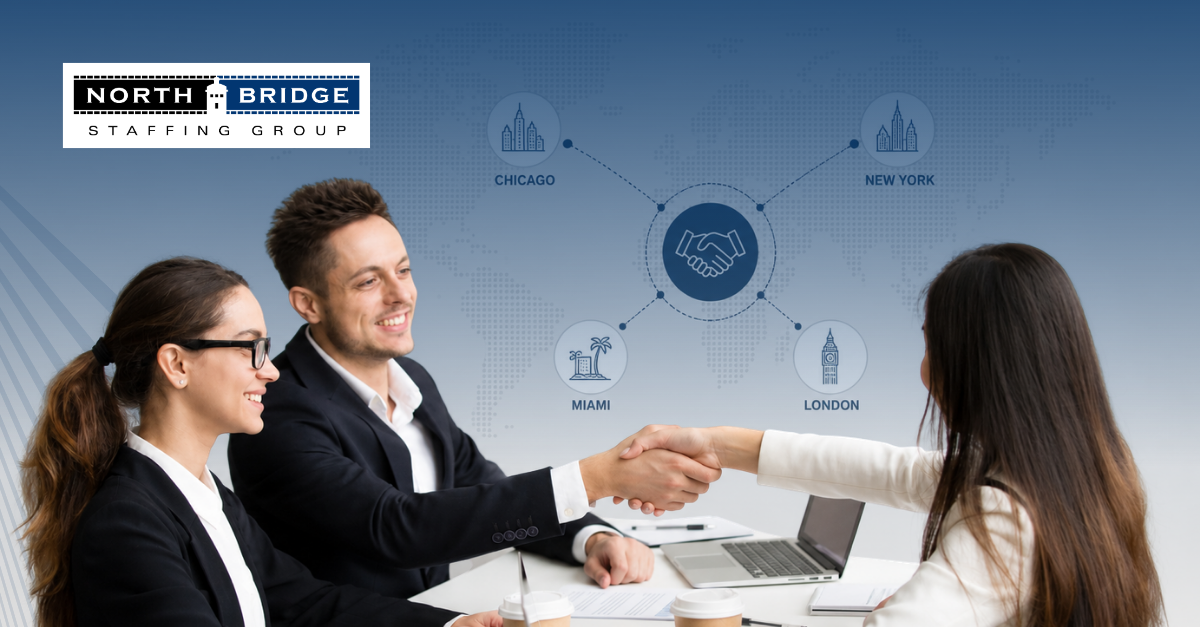 Recruiting partner handshake connecting Chicago, New York, Miami, and London markets