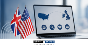 US and UK flags with laptop showing transatlantic recruiting footprint
