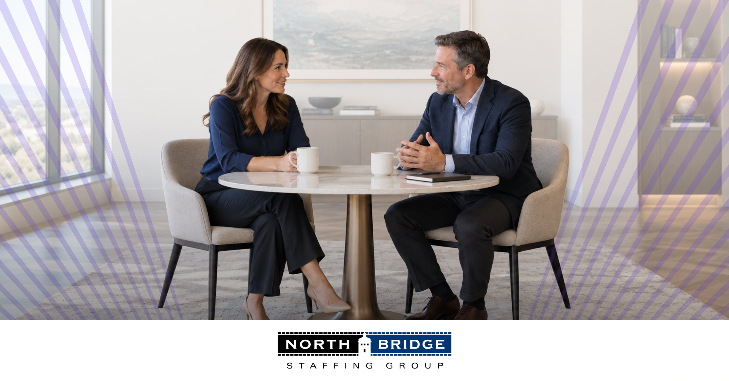 Two professionals smile as they talk over coffee at a round marble table in a bright office. North Bridge Staffing Group logo.